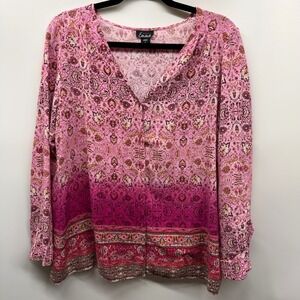 Simply Emma Pink Ombre Floral V-Neck Long Sleeve Blouse Top Size 1X Boho Rayon